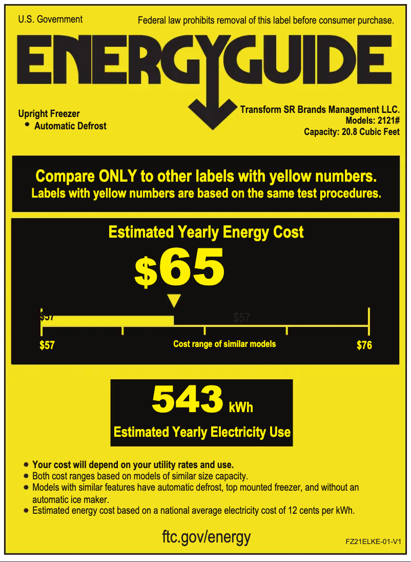 Page 1 de la notice Label énergétique Kenmore 21212