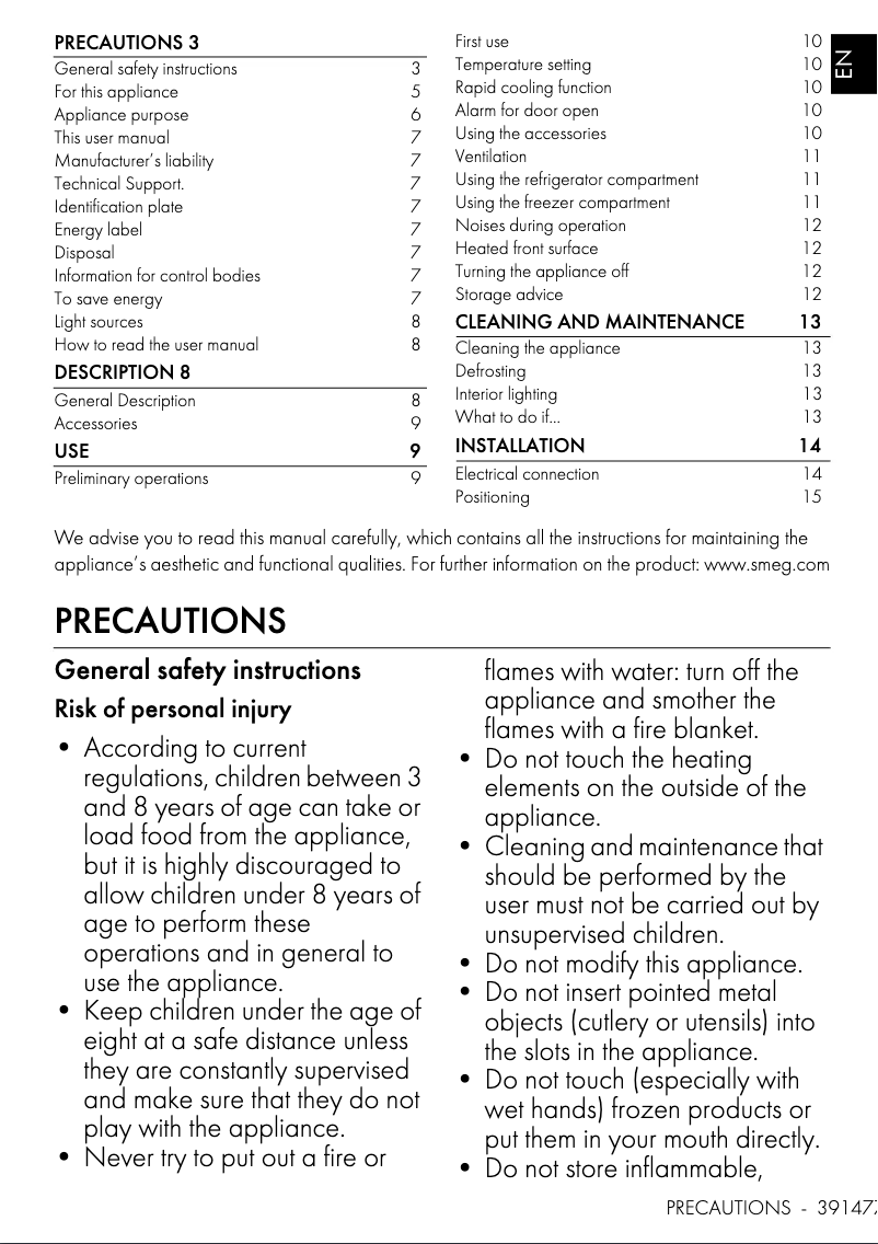 Page 1 de la notice Manuel utilisateur Smeg FAB28LWH5AU