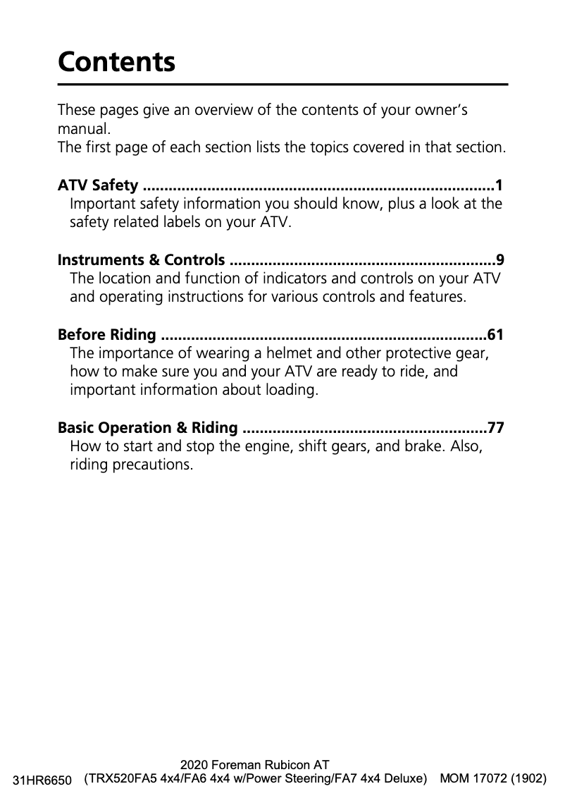 Page 1 de la notice Manuel utilisateur Honda FourTrax Foreman Rubicon TRX520 (2020)