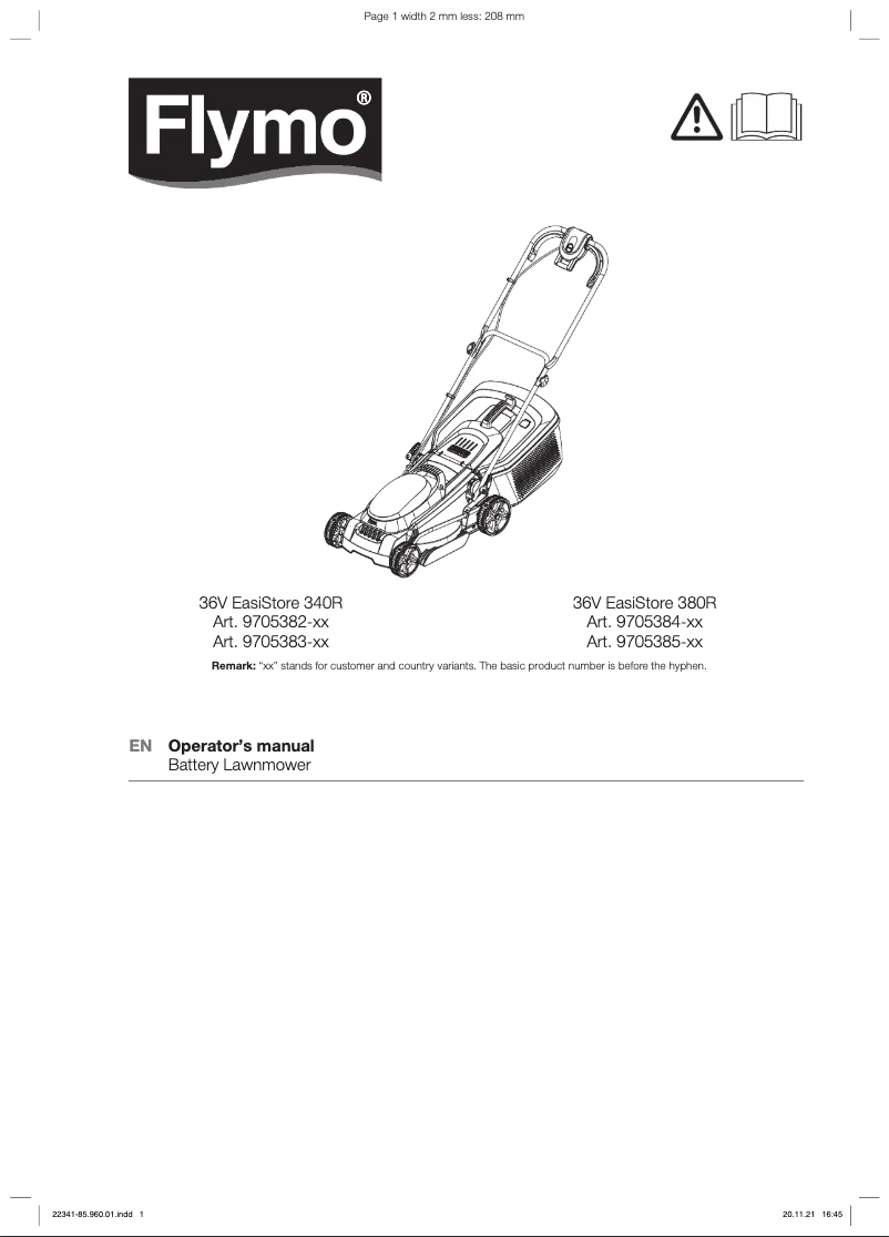 Page 1 de la notice Manuel utilisateur Flymo 36V EasiStore 348R