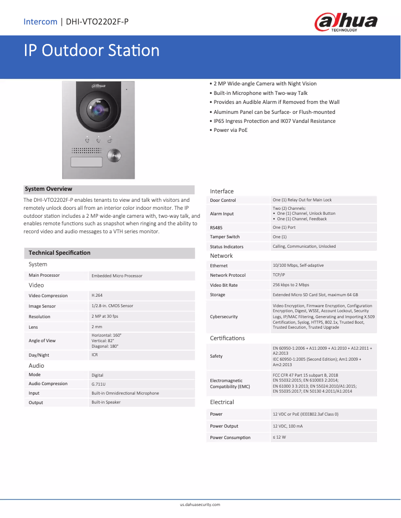 Page 1 de la notice Fiche technique Dahua Technology DHI-VTO2202F-P