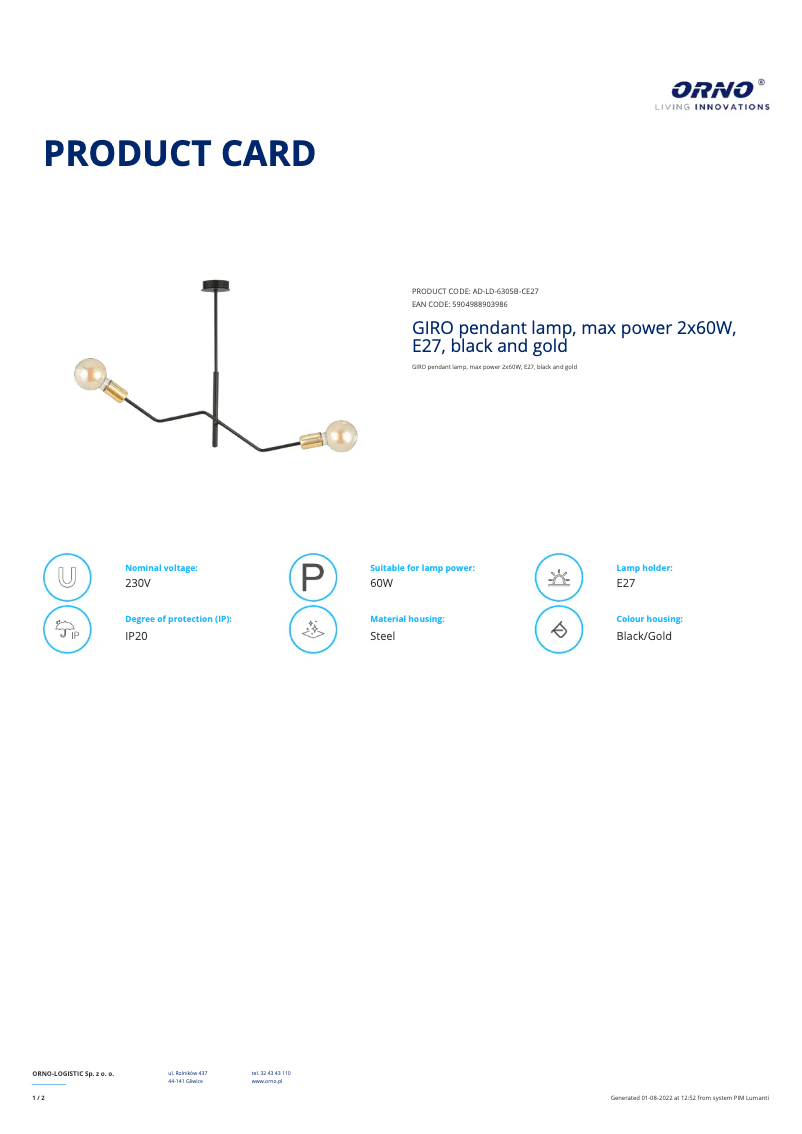 Page 1 de la notice Fiche technique Adviti AD-LD-6305B-CE27