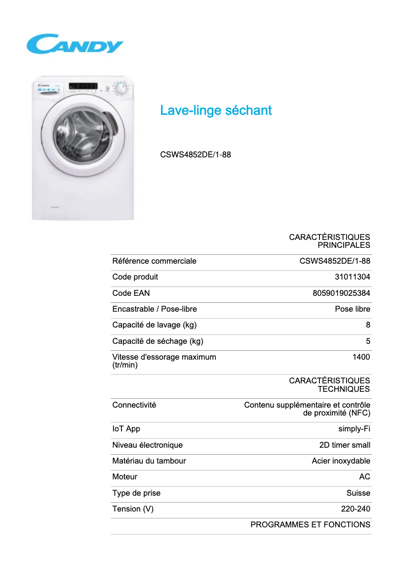 Página 1 del manual Ficha técnica Candy CSWS4852DE/1-88