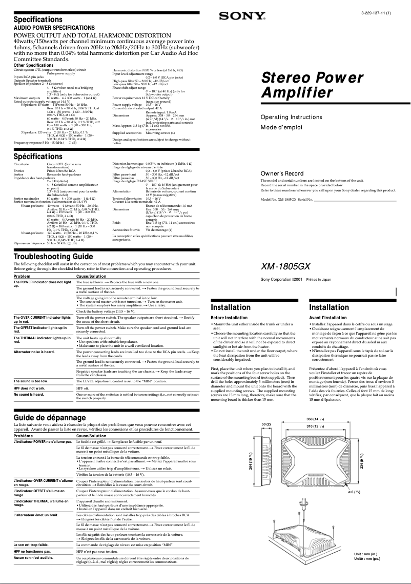 Page 1 de la notice Manuel utilisateur Sony XM-1805GX