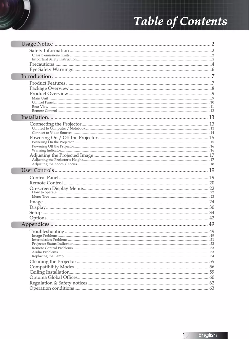 Page 1 de la notice Manuel utilisateur Optoma W304M