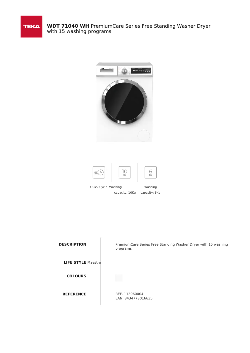 Page 1 de la notice Fiche technique Teka WDT 71040 WH