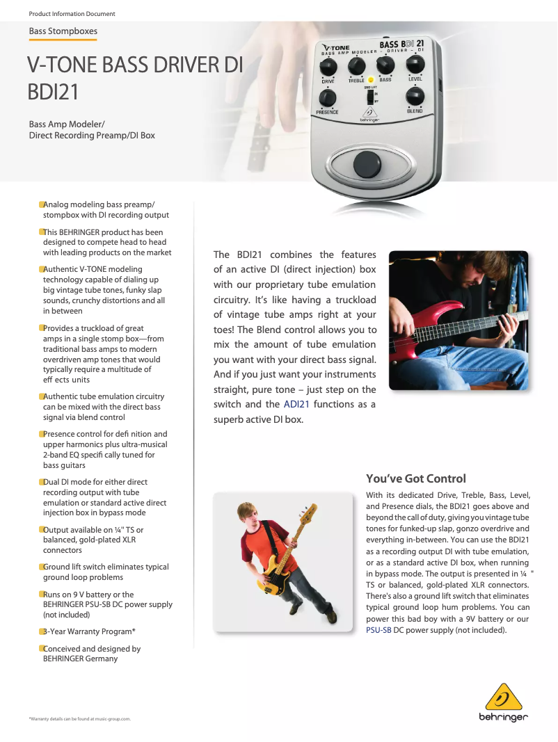Página 1 del manual Ficha técnica Behringer V-Tone Bass Driver DI BDI21