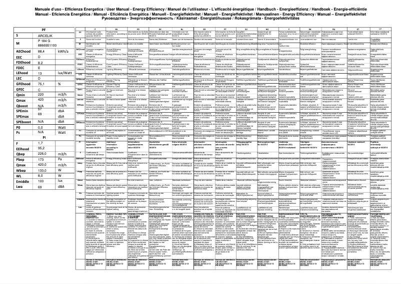 Page 1 de la notice Fiche technique Arçelik P 184 G