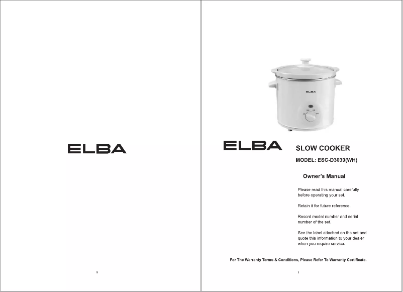 Page 1 de la notice Manuel utilisateur Elba ESC-D3039(WH)