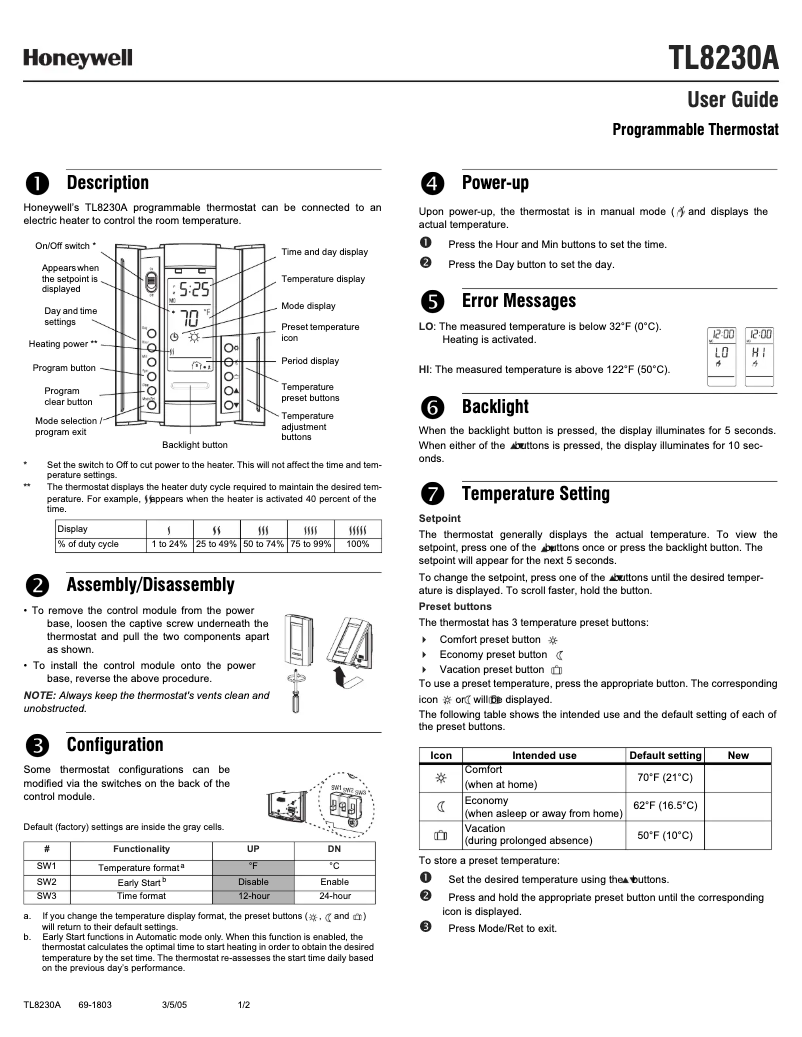 Page 1 de la notice Manuel utilisateur Honeywell TL8230A