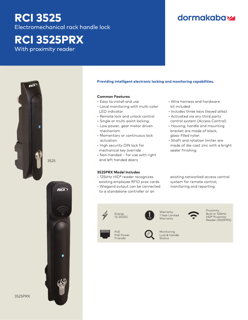 Page 1 de la notice Fiche technique Dormakaba RCI 3525