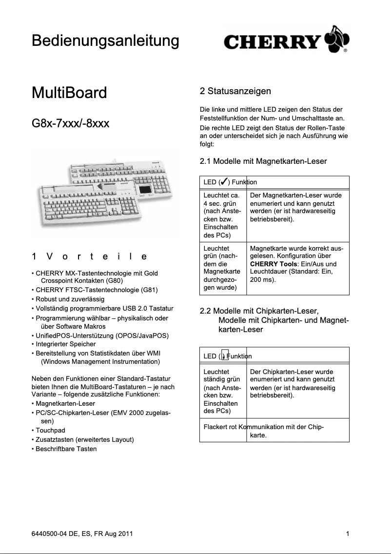 Page 1 de la notice Manuel utilisateur Cherry MultiBoard V2 G81-7000