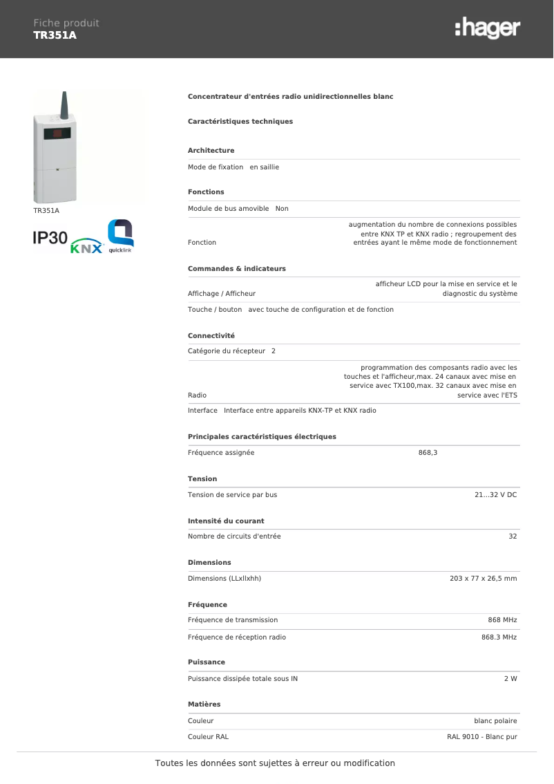 Page 1 de la notice Fiche technique Hager TR351A