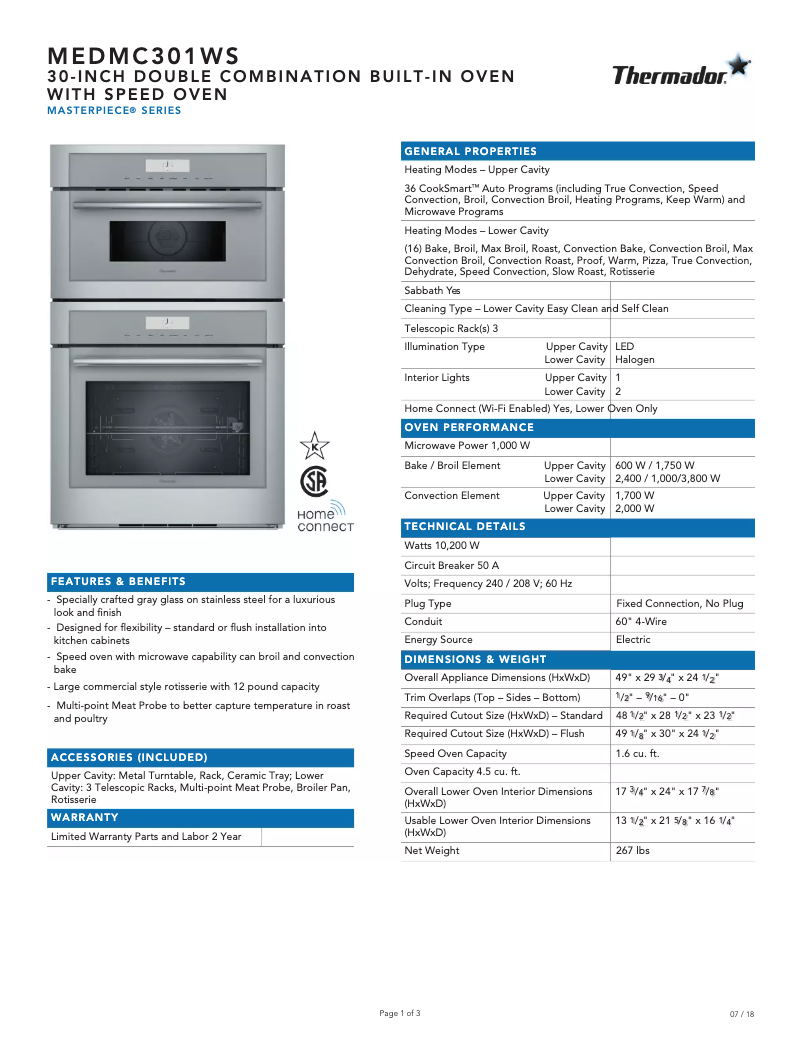Page 1 de la notice Fiche technique Thermador MEDMC301WS