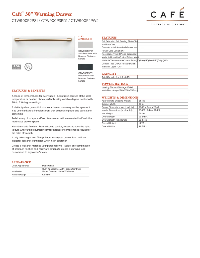 Page n°1 - Fiche technique GE Café CTW900P2PS1