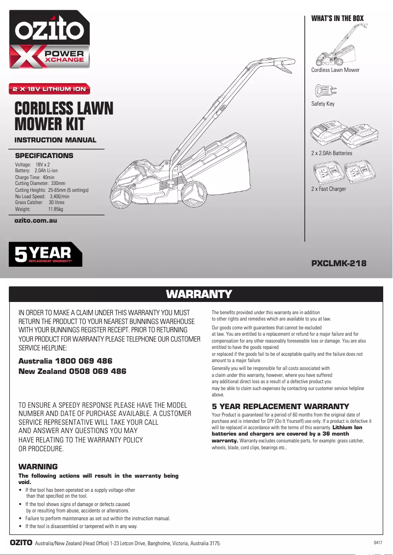 Page 1 de la notice Mode d'emploi Ozito PXCLMK-218E