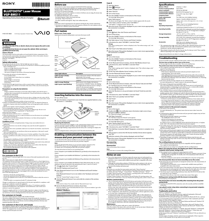 Page 1 de la notice Manuel utilisateur Sony VGP-BMS11