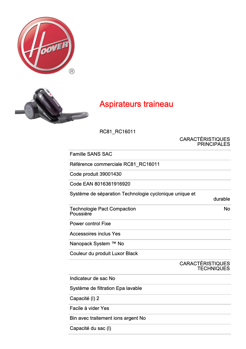 Página 1 del manual Ficha técnica Hoover Reactiv RC81_RC16011