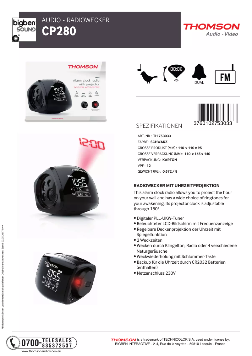 Page 1 de la notice Fiche technique Thomson CP280