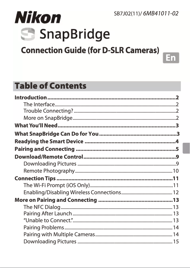 Page 1 de la notice Manuel utilisateur Nikon SnapBridge App