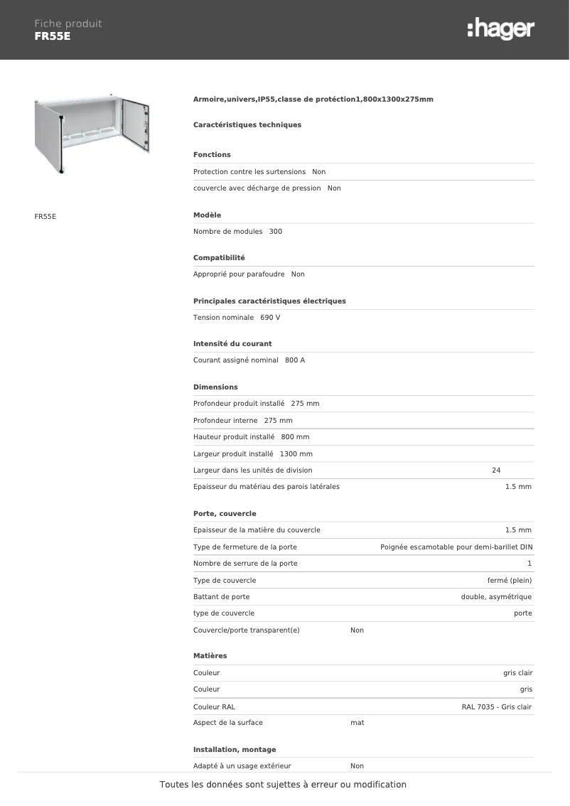 Page 1 de la notice Fiche technique Hager FR55E