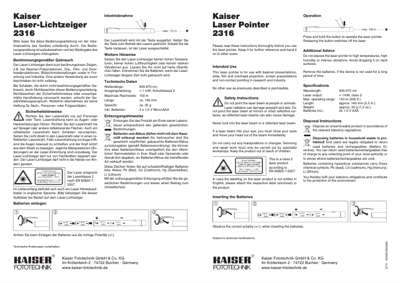 Page 1 de la notice Manuel utilisateur Kaiser 2316