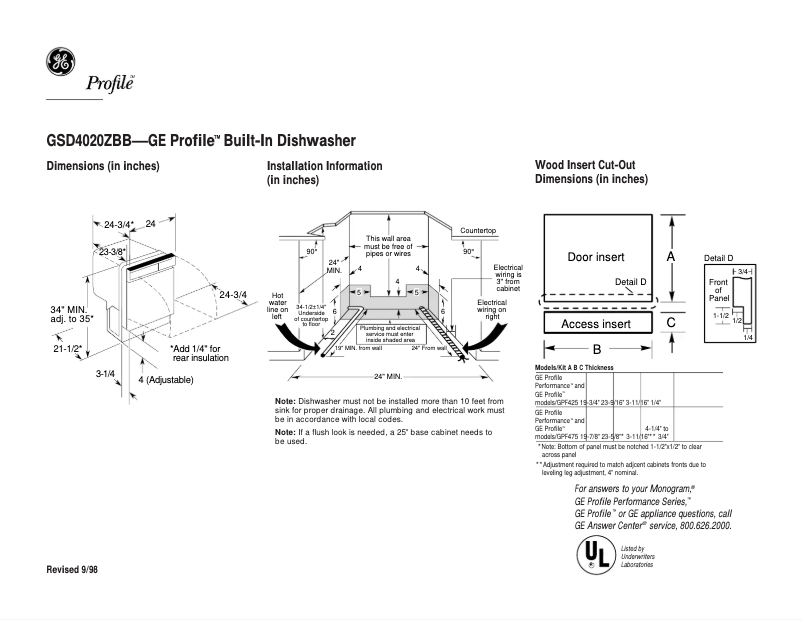 Page 1 of the manual Technical Sheet GE Profile GSD4020ZBB