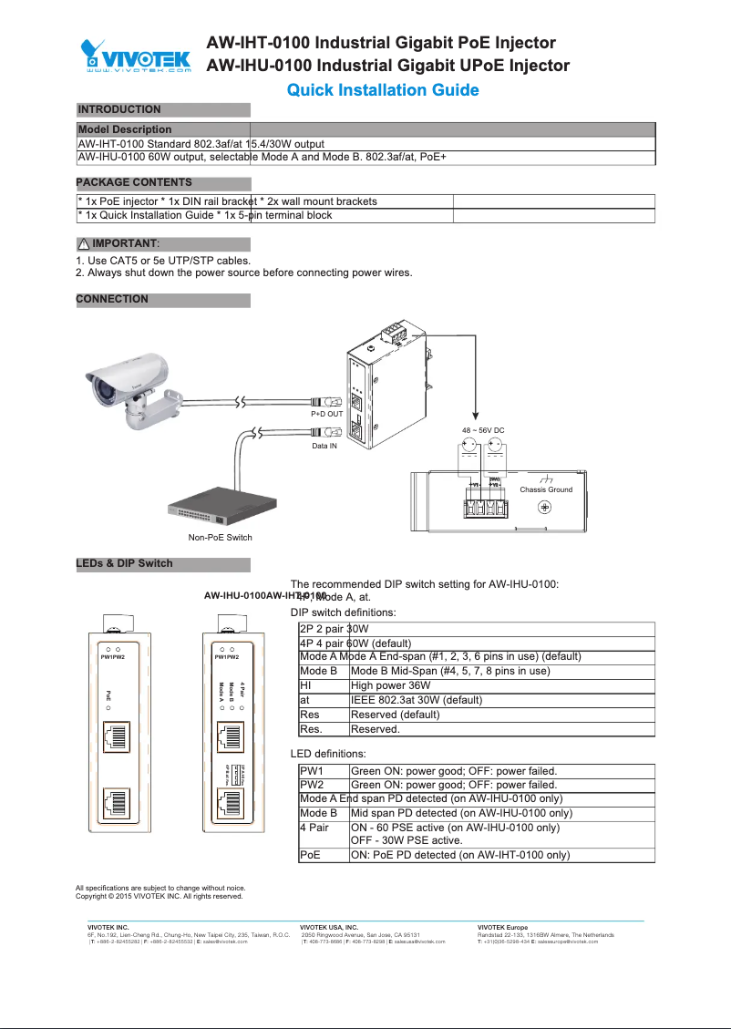 Page 1 de la notice Guide d'installation Vivotek AW-IHT-0100