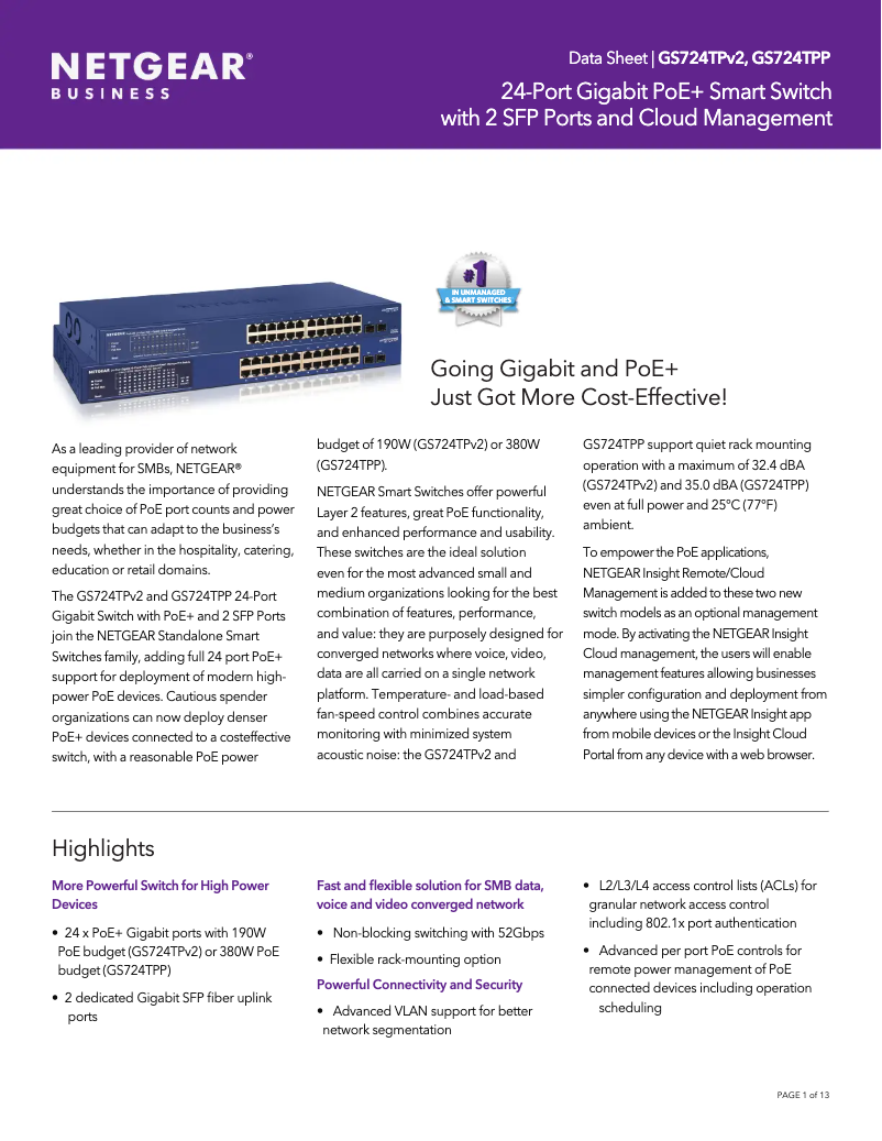 Page 1 de la notice Fiche technique Netgear GS724TPP