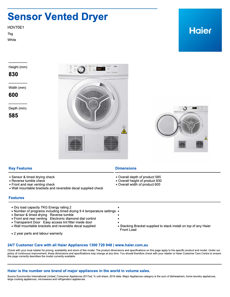 Página 1 del manual Ficha técnica Haier HDV70E1