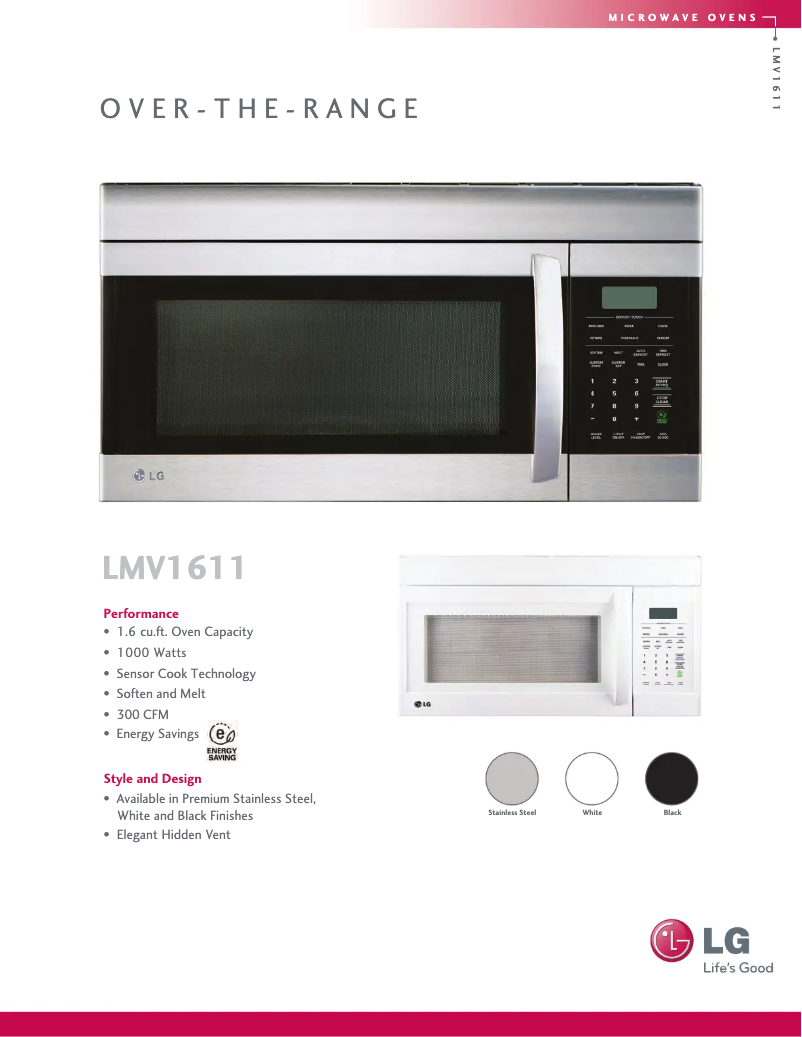 Page 1 de la notice Fiche technique LG LMV1611ST
