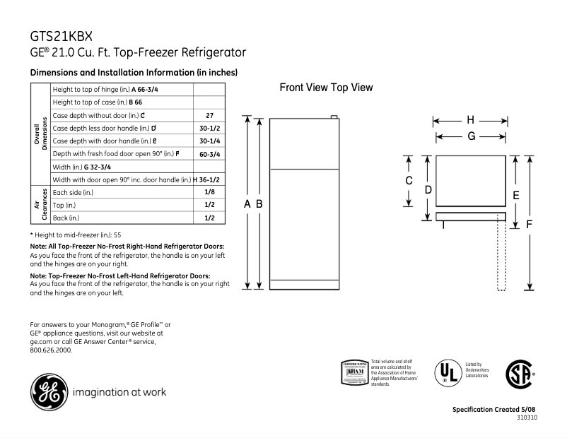 Page 1 de la notice Fiche technique GE GTS21KBXWW