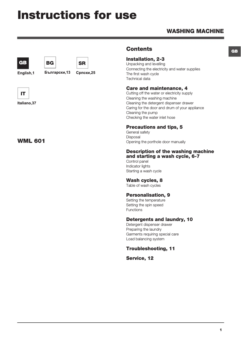 Page 1 de la notice Manuel utilisateur Hotpoint Ariston WML 601 (EU)