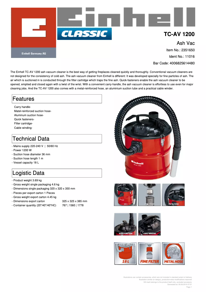 Page 1 de la notice Fiche technique Einhell TC-AV 1200