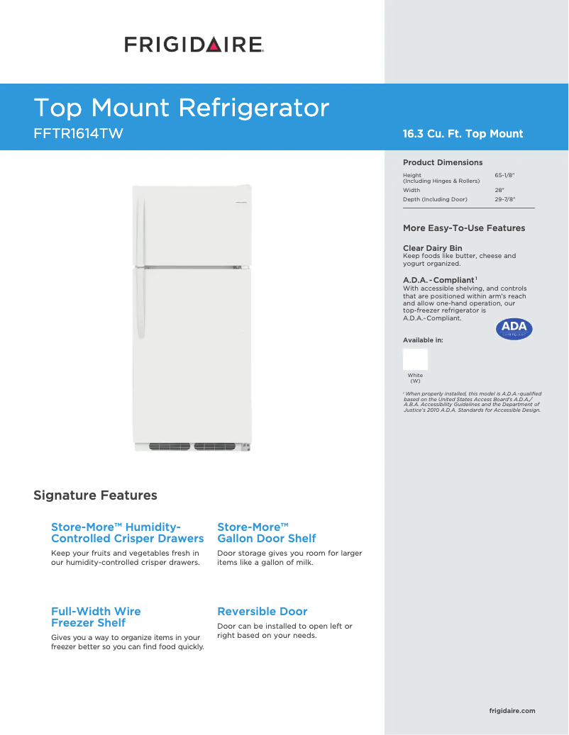 Page 1 de la notice Fiche technique Frigidaire FFTR1614T