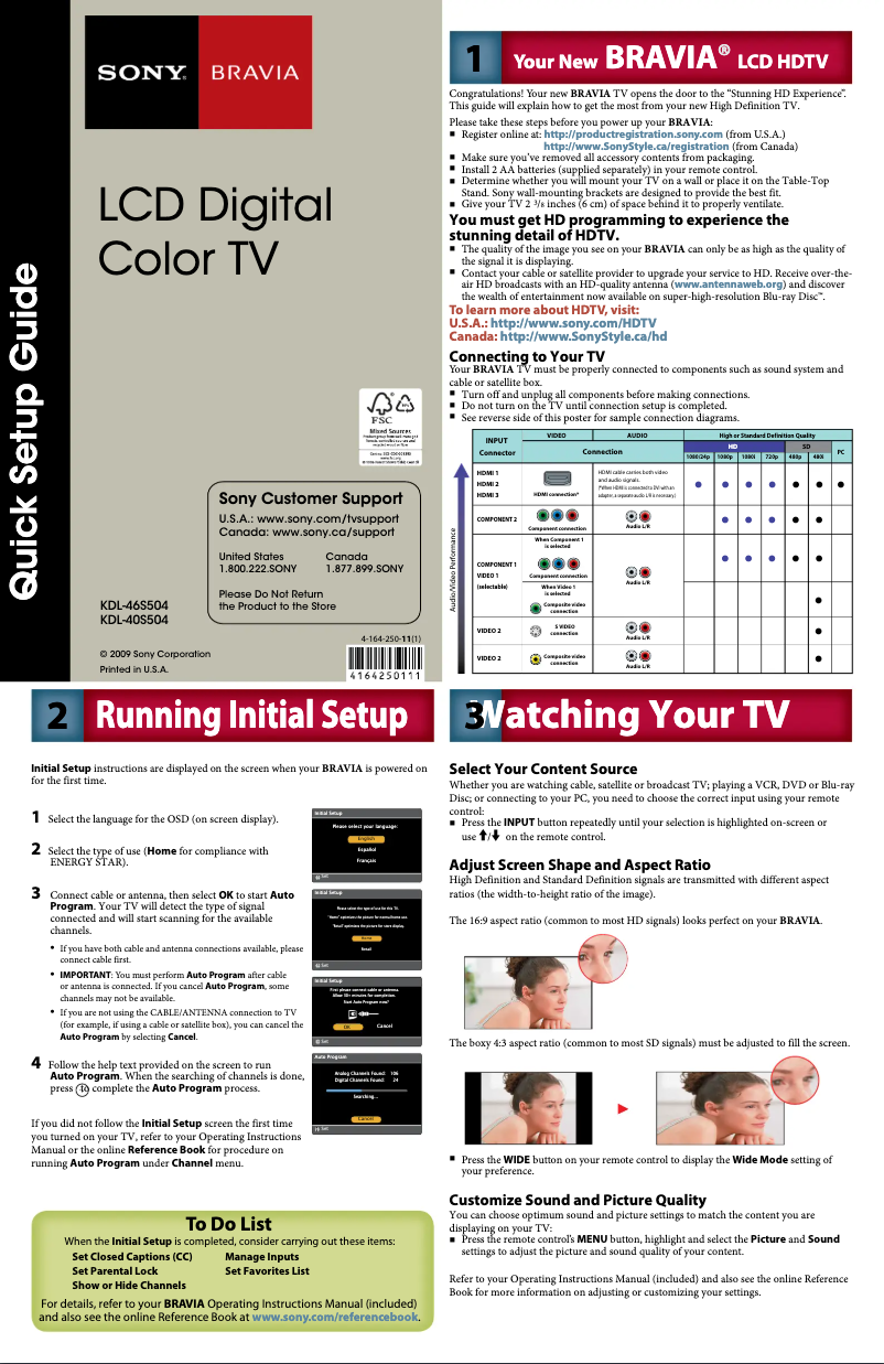 Page 1 de la notice Guide d'installation Sony Bravia KDL-40S504