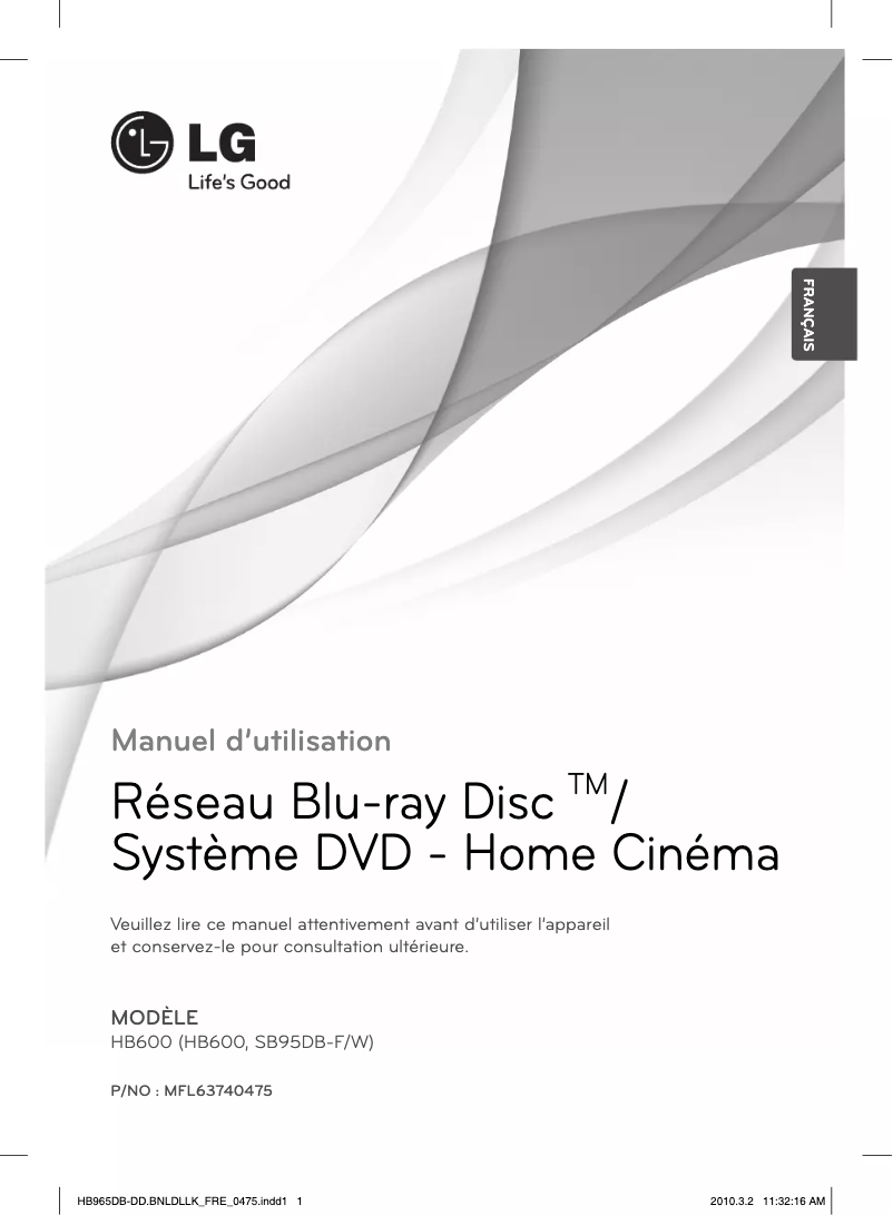 Page 1 de la notice Manuel utilisateur LG HB600