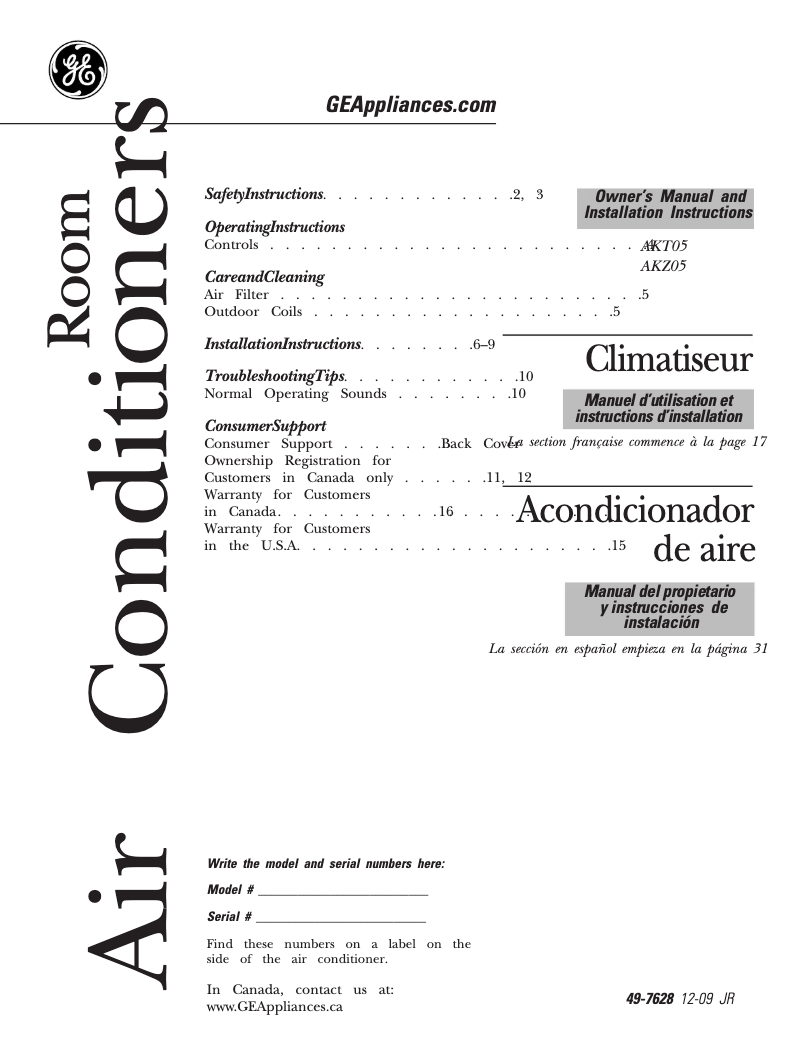Página 1 del manual Guía de instalación GE AKT05LN