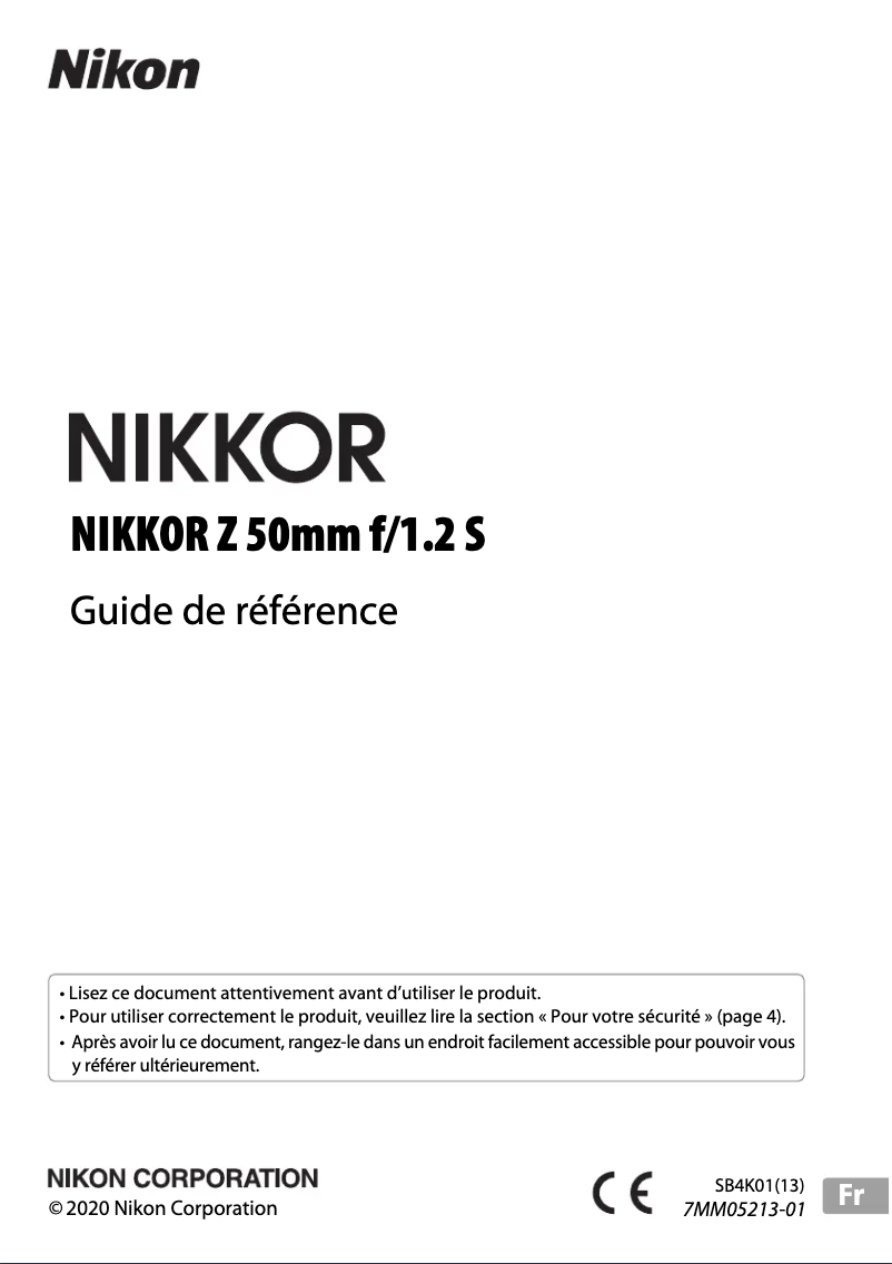 Page 1 de la notice Manuel utilisateur Nikon NIKKOR Z 50mm f/1.2 S