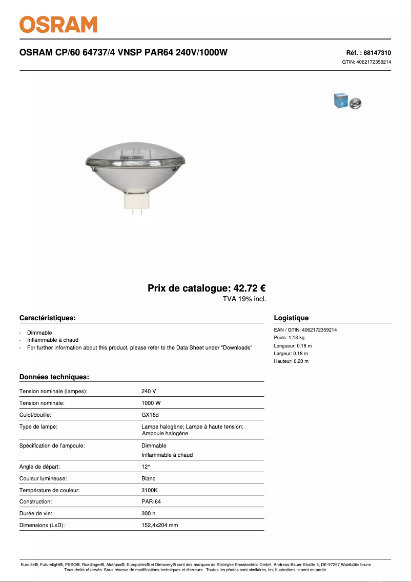 Page 1 de la notice Fiche technique Osram PAR64