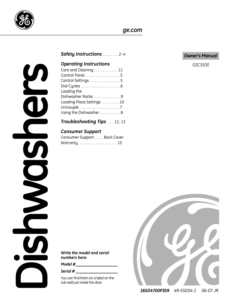 Page 1 of the manual Use and Maintenance Manual GE GSC3500NBB