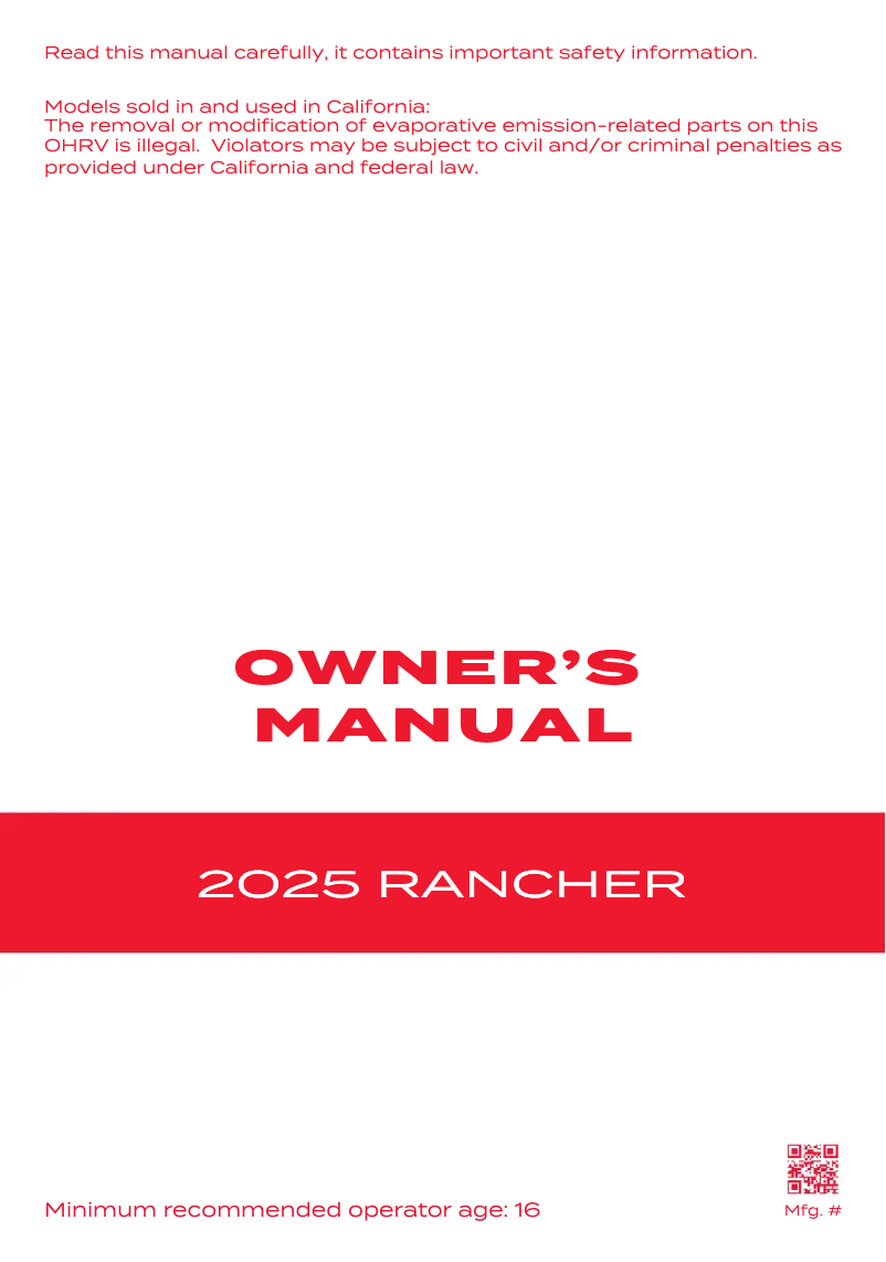Page 1 de la notice Manuel utilisateur Honda Rancher (2025)