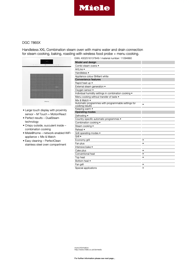 Page 1 de la notice Fiche technique Miele DGC 7865 X