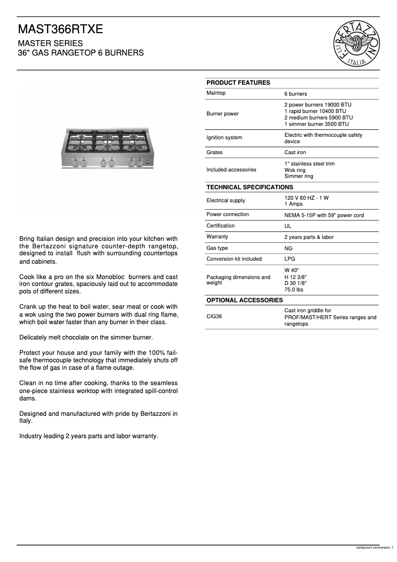 Page 1 de la notice Fiche technique Bertazzoni MAST366RTXE