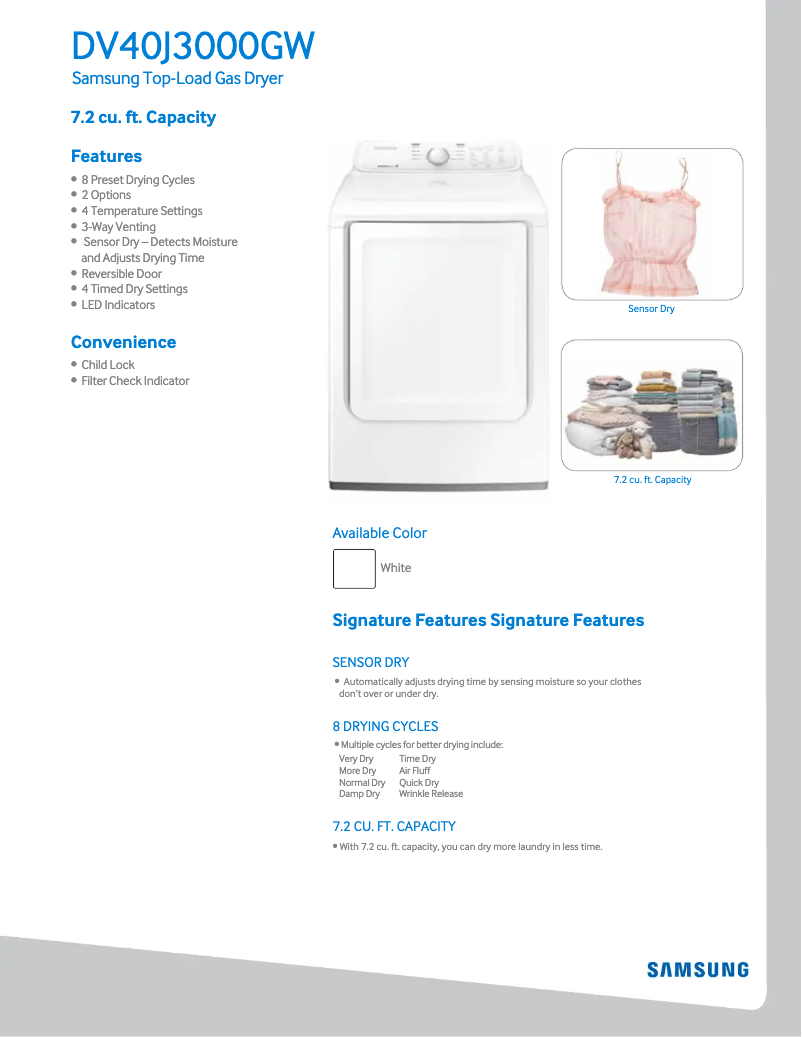 Page 1 de la notice Fiche technique Samsung DV40J3000GW
