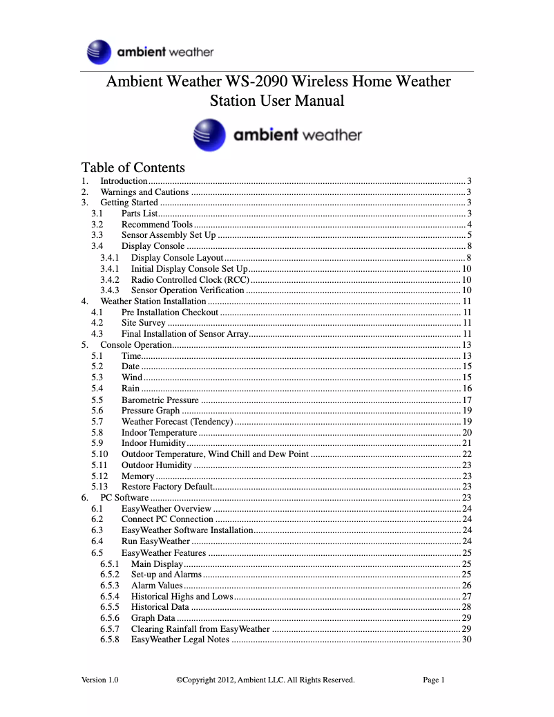Page 1 de la notice Manuel utilisateur Ambient Weather WS-2090