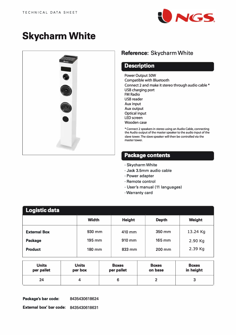 Page 1 de la notice Fiche technique NGS Sky Charm