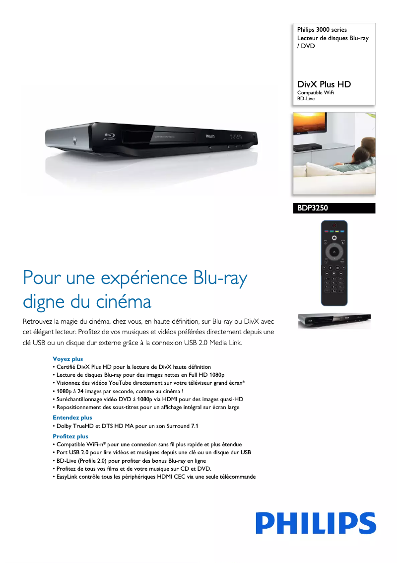 Page 1 de la notice Fiche technique Philips BDP3250