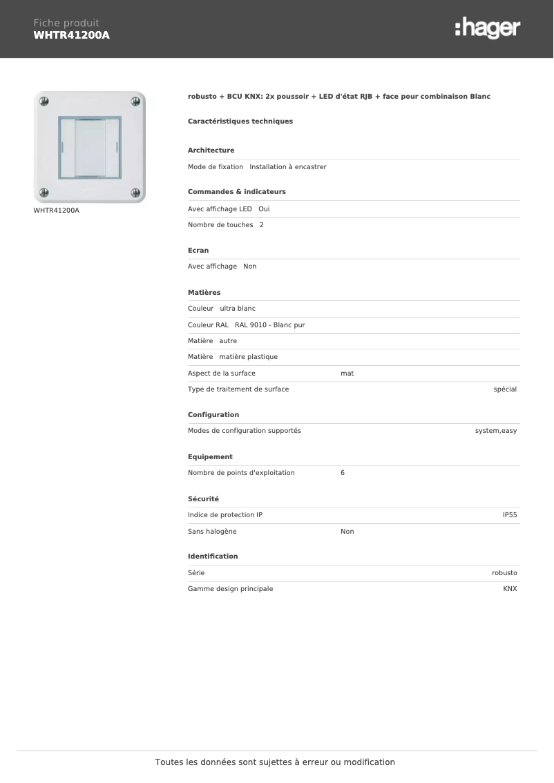 Page 1 de la notice Fiche technique Hager WHTR41200A