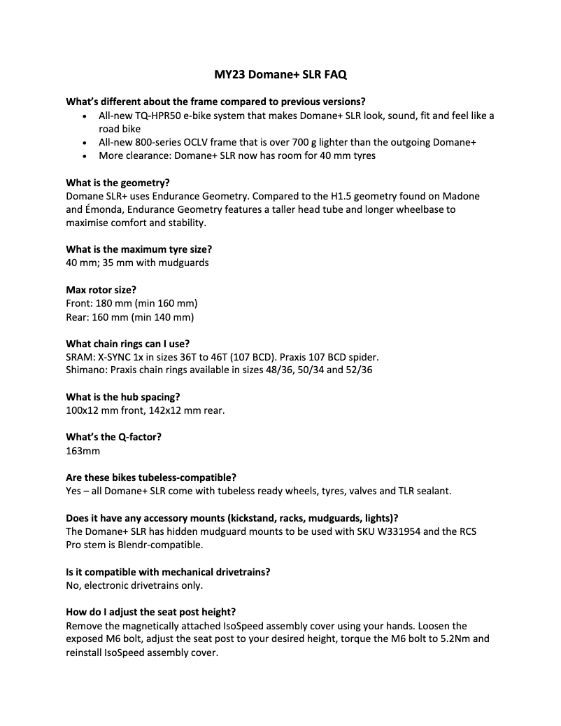 Page 1 of the manual FAQ Trek Domane+ SLR 6 AXS